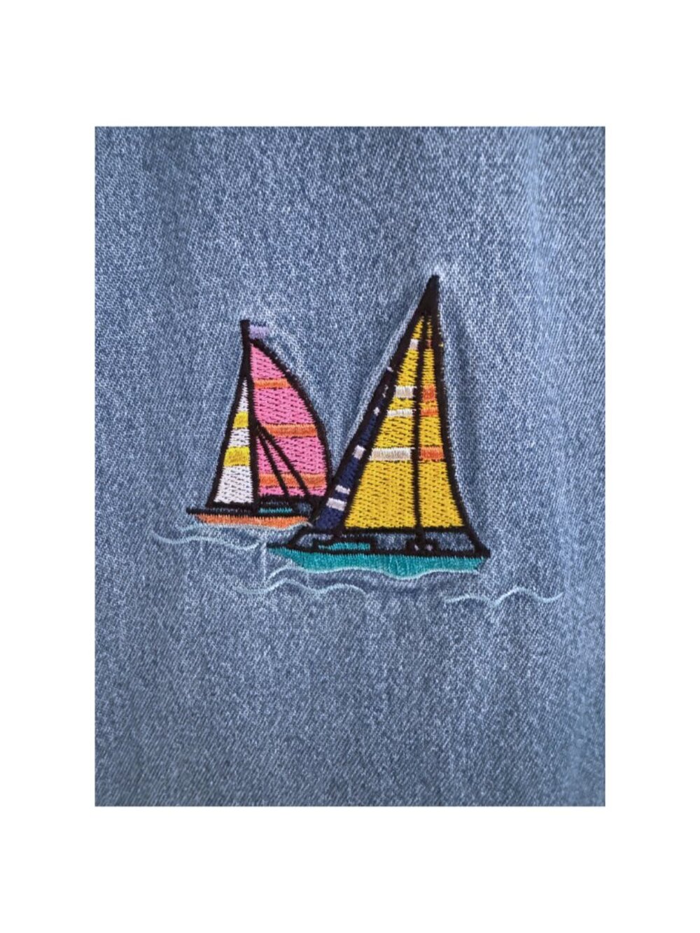 Vintage TY Wear Denim Sailboat Embroidered Shift Dress Coastal Nautical Size 10 - Picture 4 of 8